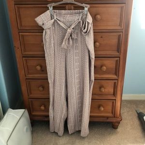 print challis tie front wide leg pants